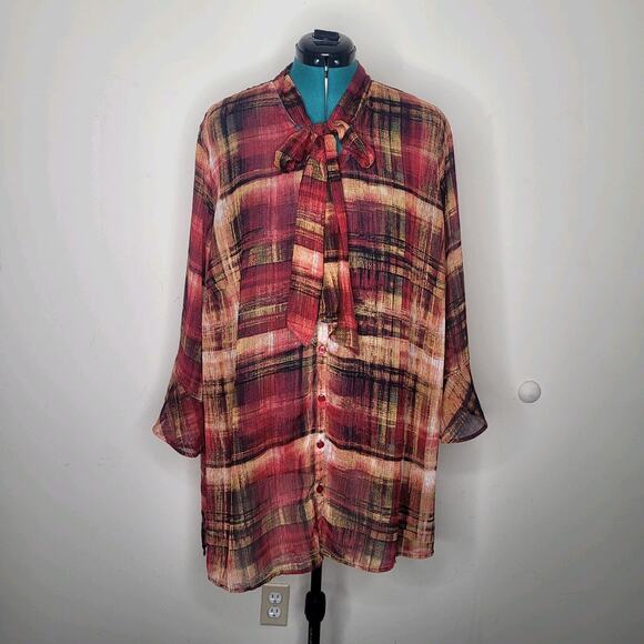 Catherines 3X Red Abstract Plaid‎ Sheer Chiffon Neck Tie Bell Sleeve Top Career - Picture 1 of 9